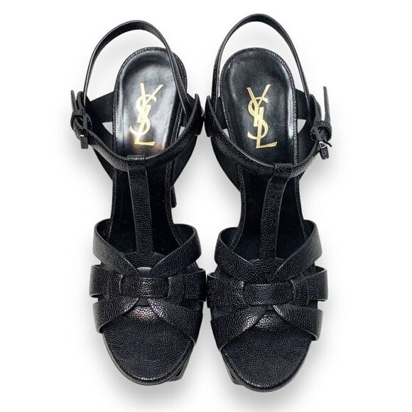 Saint Laurent Tribute Black Grained Leather Platform High Heel Sandals Size 40.5 - Picture 2 of 15